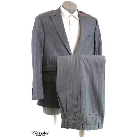 Mecca 2 Piece Suit Mens Gray Striped Peak 2 Button 42R Pleated Fronts 38" Waist - Picture 2 of 13